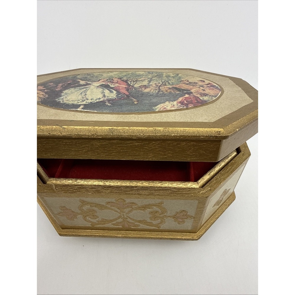 Vtg Octagon Wood Jewelry Box Red Velvet Lined Japan 2 Layers Music Works 5" Tall